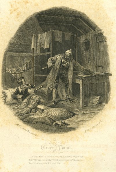 Oliver Twist y Fagin, grabado por T. Phillibrown de Felix Octavius Carr Darley